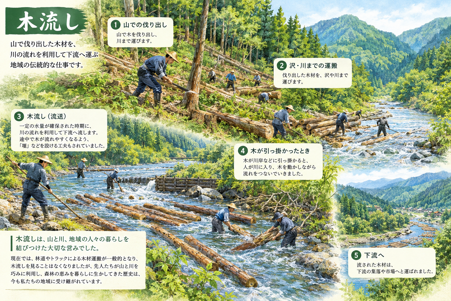 川の流れを利用して木材を運ぶ木流しのイメージ